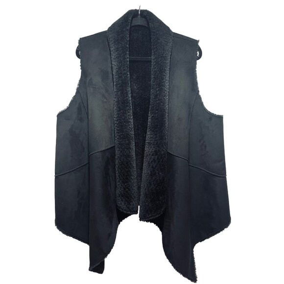 Calvin Klein Black Faux Leather Faux Fur Lined Open Front Vest Collared Size XL - Picture 1 of 4